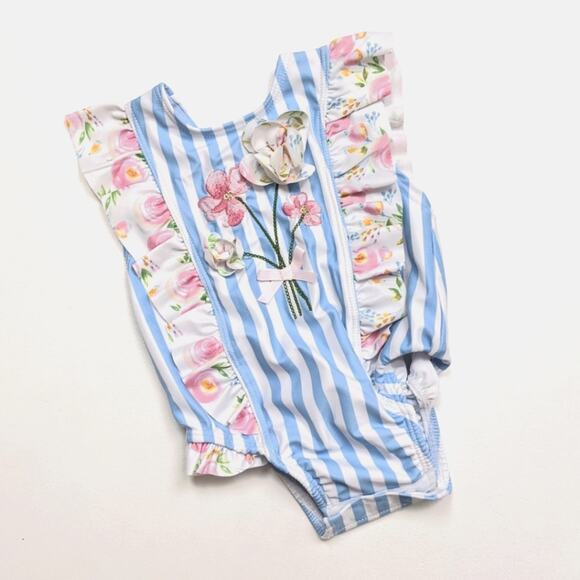 Mud Pie Swimsuit Baby Girls Size 3-6m Blue Stripe Floral Ruffle One Piece - Picture 1 of 3